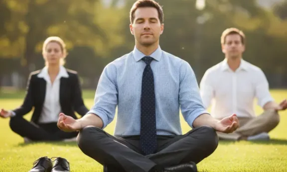 Ejecutivos y empleados haciendo yoga - Yoga y liderazgo