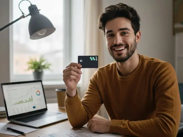 Hombre sosteniendo una tarjeta de crédito sin anualidad