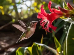 Un colibrí bebiendo el nectar de una flor roja